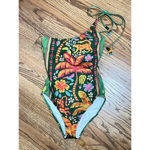 Farm Rio Praia EUC Green Print Beaded Tie One Shoulder One Piece Boho Swimsuit S